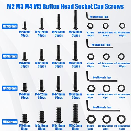 1749Pcs Metric Screw Assortment Kit, M2 M3 M4 M5 Metric Bolts and Nuts Kit with Lock & Flat Washers, 10.9 Grade Alloy Steel Button Head Socket Cap Screws for 3D Printing