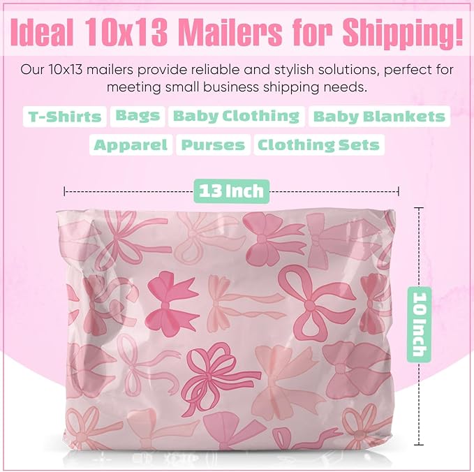 Package Mint 10x13 Poly Mailers - 100 Pack Coquette Bows Design Poly Mailer Shipping Bags - Waterproof, Tear-Resistant, Self-Sealing Adhesive - Durable Decorative Mailing Bags for Clothes, Accessories