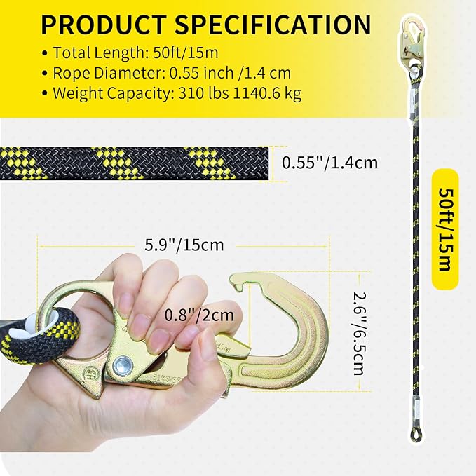 50FT Fall Protection Safety Rope, Heavy Duty Vertical Lifeline Assembly with Grab Snap Hooks Shock Absorber, Safety Lanyard for Roofing Tree Climbing Construction