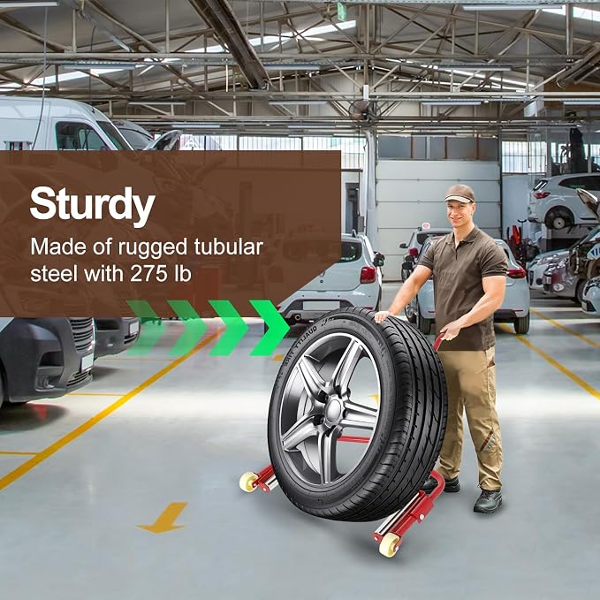 Easy Lift Tire Dolly, Portable Tire Wheel Dolly Truck Tire Dolly for Workshop Garage, Ergonomic Lifting & Installation Tool for Tire Shops 275 LBS Capacity（Red）