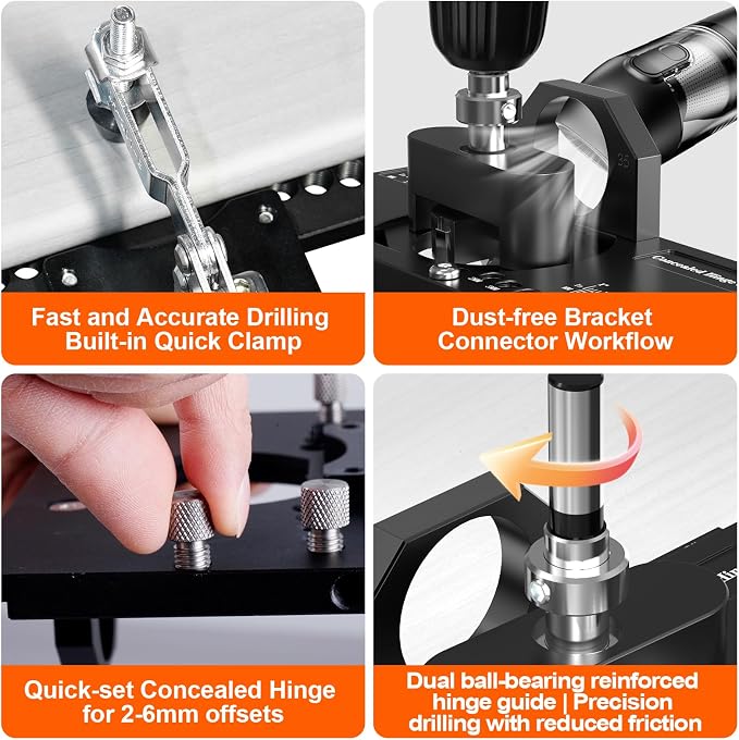 M-T Concealed Hinge Jig with Quick Clamp and Dust Vacuum Adapter 35mm Cabinet Door Hinges Jig Hole Drilling Hardware Jigs for Woodworking Door Cabinet Mounting Tool