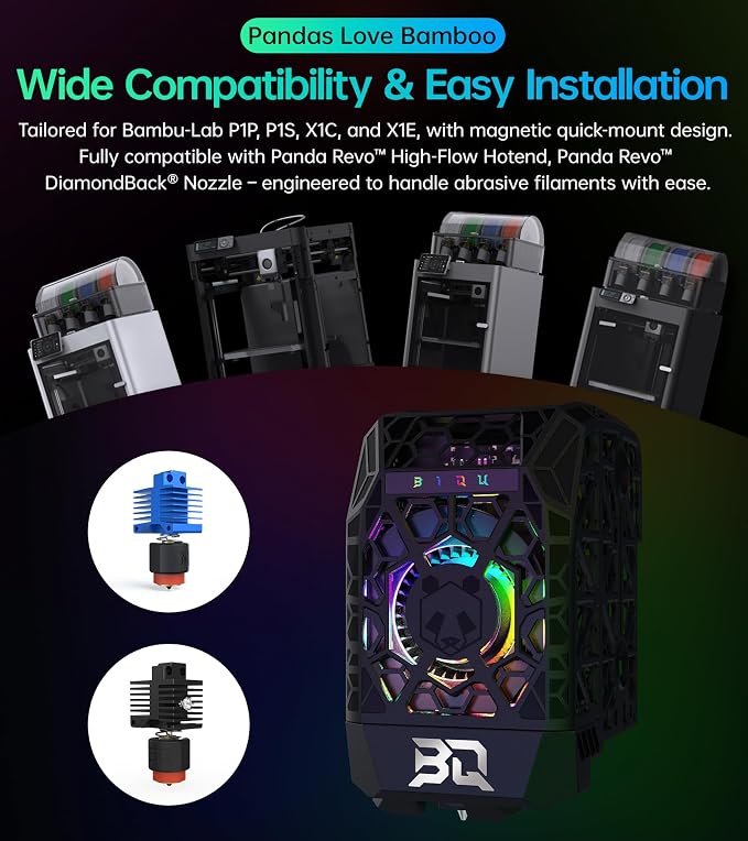 BIQU Panda Jet Pack V2 Black for Bambu-Lab P1S P1P X1C X1E 3D Printers, Cooling Fan Duct, H2D Style Lighting Printer Status Indicator, Web Control, Compatible with Stock Extruder and Panda Revo