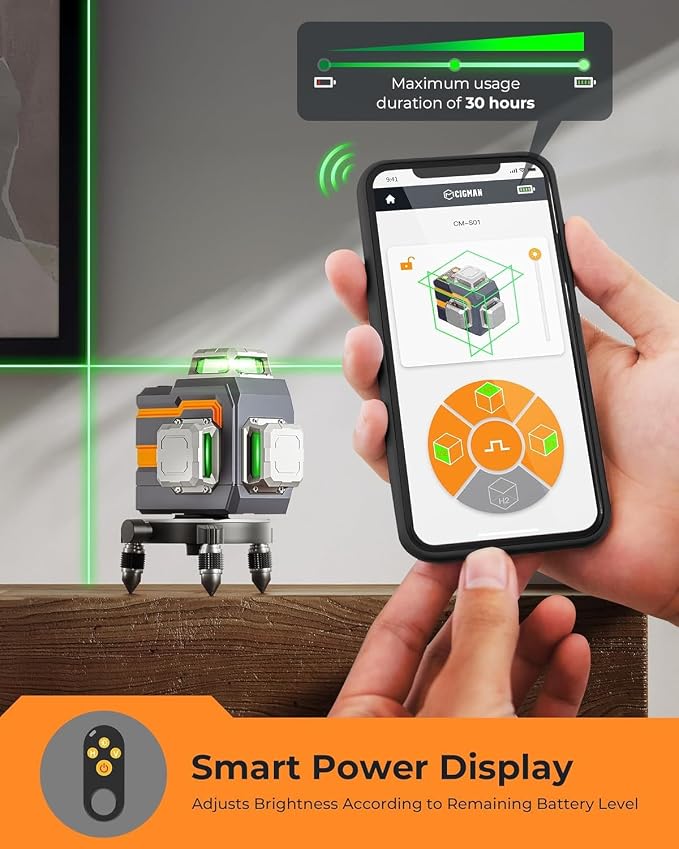 3x360° Laser Level with Remote&APP Control, Green Self Leveling Cross Line Laser for Construction and Picture Hanging, 3D Vertical/Horizontal Line, Magnetic Rotating Stand Included