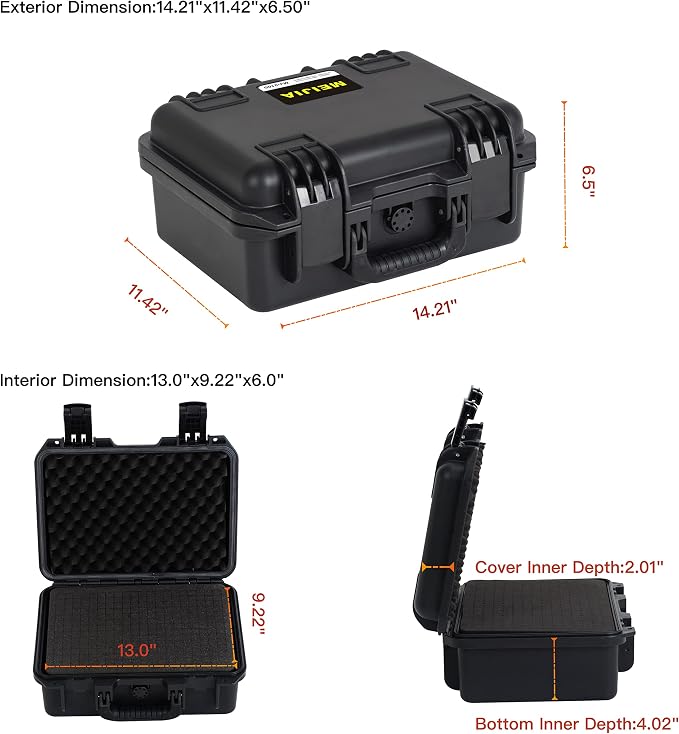 MEIJIA Premium Waterproof Hard Camera Case,Hard Case with customizable fit foam,Full Protection with Light&Convenient Design,Elegant Black (14.21"X11.42"X6.50")