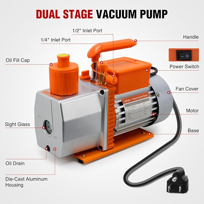 Nilight Vacuum Pump HVAC, 5 CFM 1/2 HP 110V 2 Stage AC Vacuum Pumps Kit for R22 R404a R134a R410a, 3x10⁻¹ Pa Ultimate Vacuum for Auto Air Conditioning Servicing Refrigerant Recharging, Oil Included
