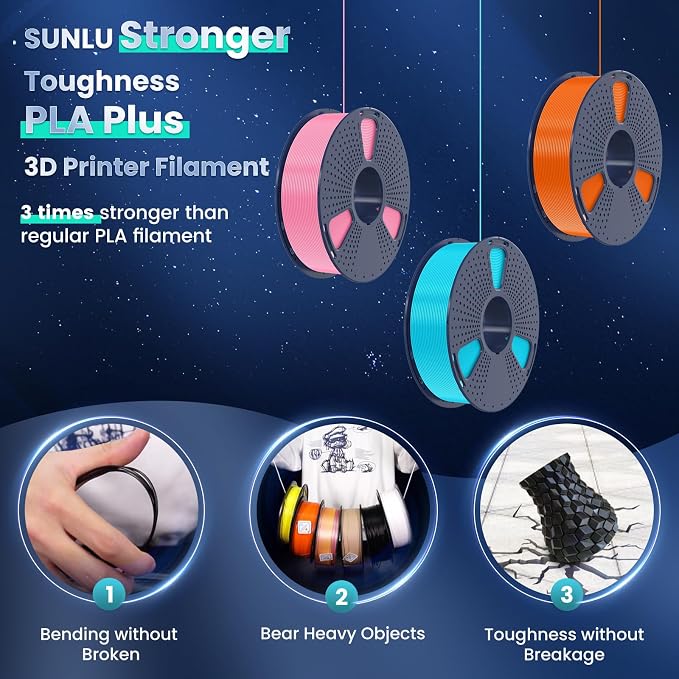 SUNLU 3D Printer Filament Bundle, PLA Plus Filament 10KG 1.75mm, Neatly Wound Filament for Most 3D Printer, 10 Colors, 1kg Spool, Black+White+Grey+Green+Blue+Grassgreen+Bluegrey+Pureyellow+Red+Orange
