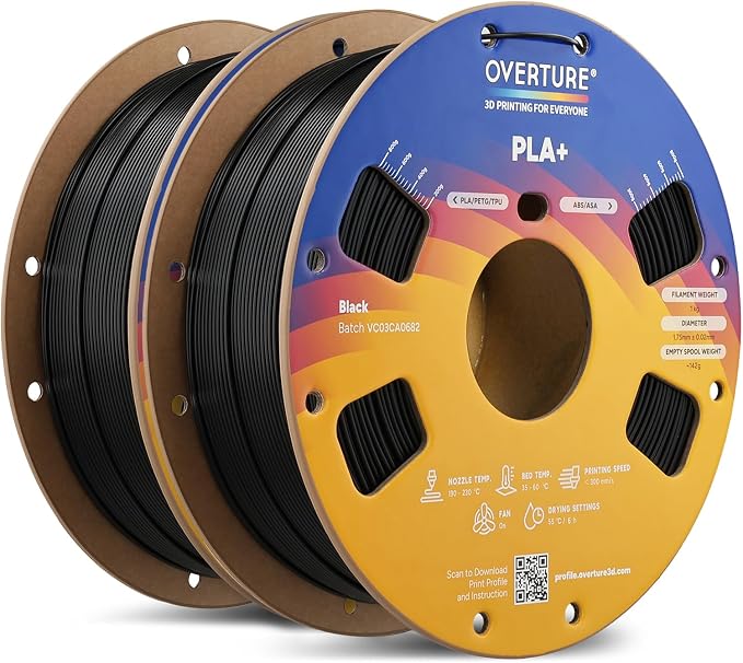 OVERTURE 2KG Bundle High Speed PLA+ 3D Printer Filament 1.75mm, Upgraded Rapid PLA 2.0 with Enhanced Toughness & Stability, 2 Pack 1kg Spool (2.2lbs) Fit Most FDM 3D Printers (Black*2)