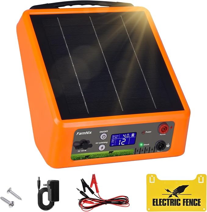 20 Miles Solar Powered Electric Fence, 6-12KV Adjustable Output Solar Charger, 2 Joules Pulse Energy,24H Solar Powered Electric Fence Kit Suitable for Pets,Poultry,Ranches and Gardens