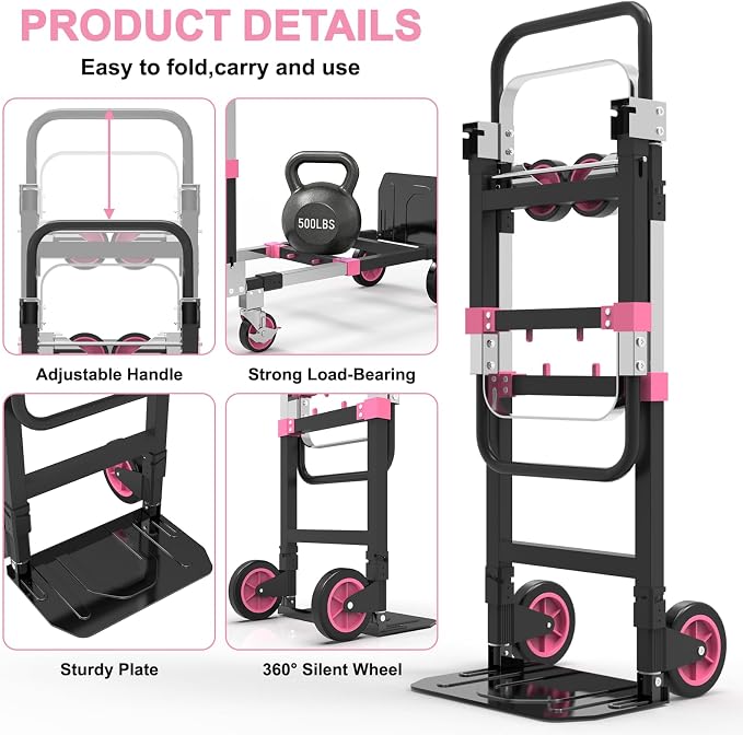 3-in-1 Folding Hand Trucks, 500lbs Convertible Dolly, Dolly Cart with Wheels Heavy Duty, Moving Cart with Retractable Handle, Collapsible Trolley for Moving Office/Home/Warehouse/Boxes/Cartons (Pink)