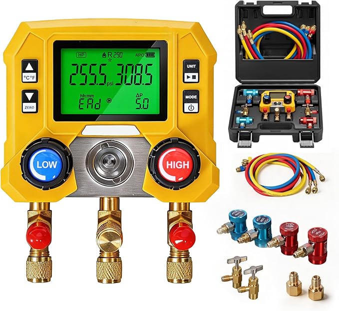 Jack Boss Digital HVAC Manifold Gauge with R134a R1234yf Quick Couplers & Can Taps, Compatible with R134a R410a R32 R1234yf R454B, 3 Hoses AC Refrigerant Recharge Kit