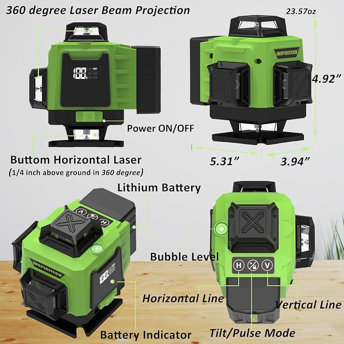 Laser Level 360 Self Leveling for Tiling Floor Wall Ceiling Construction, 4x360 Horizontal Vertical Cross Line Multi Surface Lazer Alignment, 4D Green Beam Laser Level for Picture Hanging