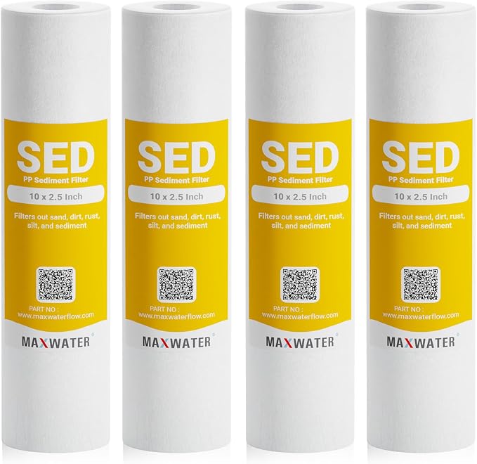 Max Water 10 inch x 2.5 inch, 1 Micron Replacement Sediment Water Filter Cartridge for Whole House, Melt Blown Filtration Fiber for Heavy Duty (Pack of 4)