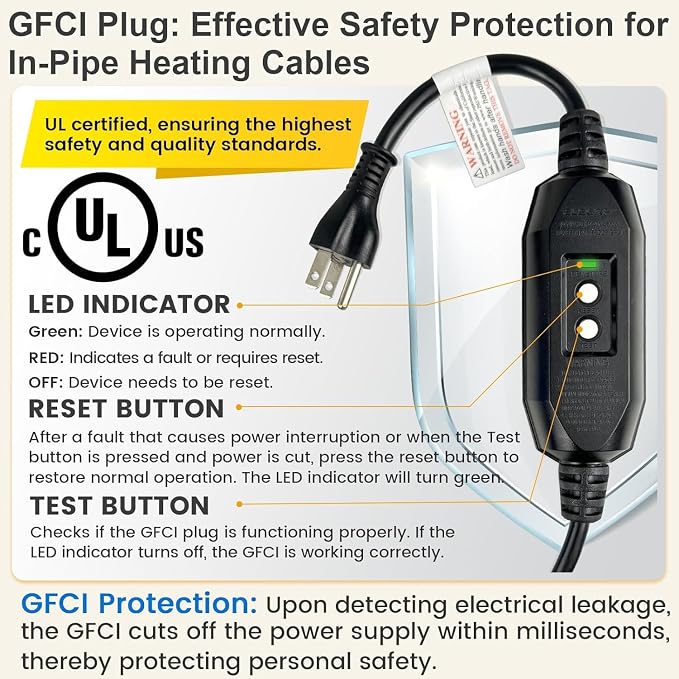 Pipe Roof & Gutter De-Icing Protection 120V Plug-In GFCI Power Connection Kit with Ground-Fault Protection for Self-Regulating Heat Cable (1 extra End Seal Kit included)