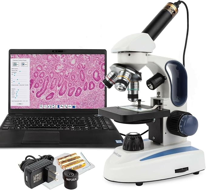 AmScope M158C-2L-E Digital Cordless Compound Monocular Microscope, WF10x and WF25x Eyepieces, 40x-1000x Magnification, Upper and Lower LED Illumination with Rheostat, Brightfield, Single-Lens Condenser, Coaxial Coarse and Fine Focus, Plain Stage, 110V ...