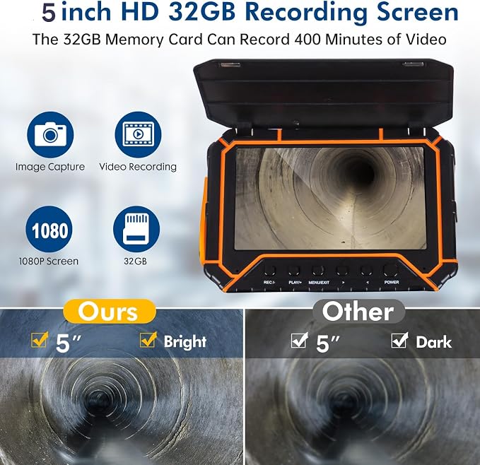 Sewer Camera 100ft,SPRIDRAIN Drain Pipe Camera HD 5in Screen with 32GB DVR,Waterproof IP68 Works Underwater Up to 10Meters Sewer Inspection borescopes for Plumber(Fits Pipes>0.7" Diameter,100ft/30M)