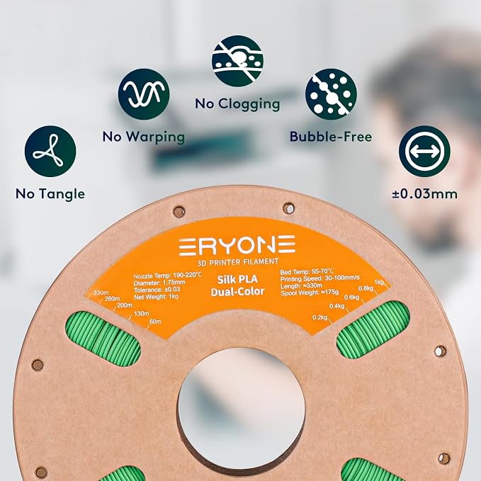 ERYONE Silk Dual Color PLA Filament 3D Printer 1.75mm +/- 0.03mm, Bicolor Two Tone PLA 1KG(2.2lbs) Cardboard Spool, Yellow Green