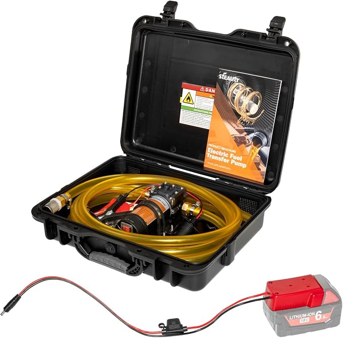 24V 120GPH Fuel Transfer Pump Set with Upgraded Carrying Case & Battery Adapter, Compatible with Milwaukee M18 Battery, for Vehicles, Boats(120GPH 24V, Pump with Red Adapter)