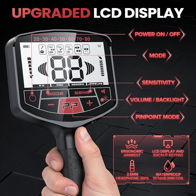 PANCKY High Accuracy Metal Detector for Adults – Collapsible, Lightweight & IP68 Waterproof Search Coil with 10.55” Large Coil, 5 Modes & Backlit LCD, Gold & Relic Detector Kit