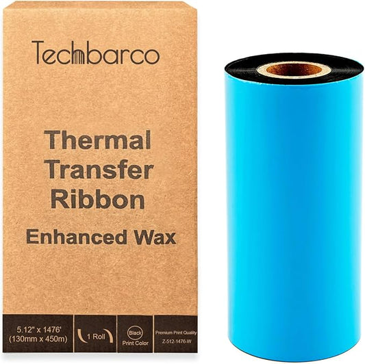 1 Rolls 5.12" x 1476' Premium Enhanced Wax Thermal Transfer Ribbon, 130mm x 450m Black Industrial Barcode Label Printer Ribbon - Compatible with Zebra, TSC, GoDex, Citizen, 1" Core