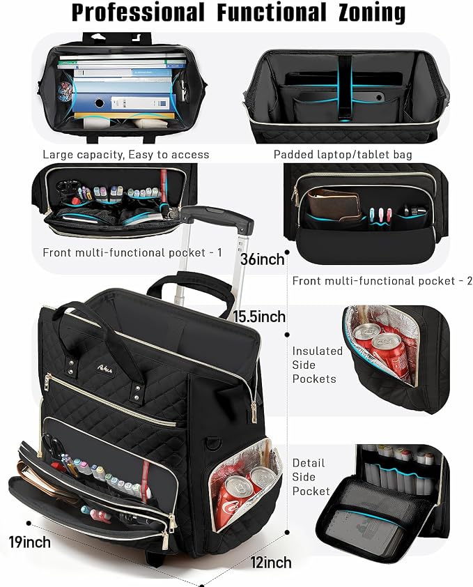 Rolling Teacher Bag, 16 Inch Rolling Laptop Bag with Detachable Dolly & Teacher File Tote, Large Roller Briefcase for Teaching Office Work, Women, Craft Nurse, Black