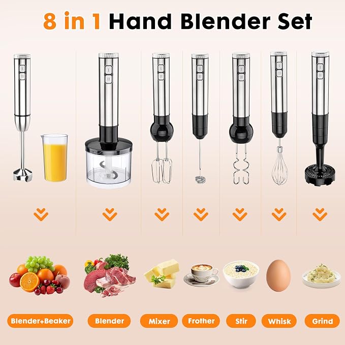 Immersion Blender Handheld Cordless 8 in 1 Hand Held Blenders Mixer Stainless Steel 25 Speed Turbo Mode Electric Sitck Beaker Chopper Milk Frother Grinder