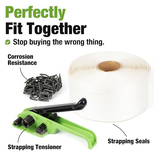 U.S. Solid Manual Banding Strapping Kit, 3/4" x 985' Woven Cord Strapping with Heavy Duty Tensioner & 200pcs Phosphated Metal Buckles, All-in-One Pallet Packaging Tool for Crating, Lumber & Cargo