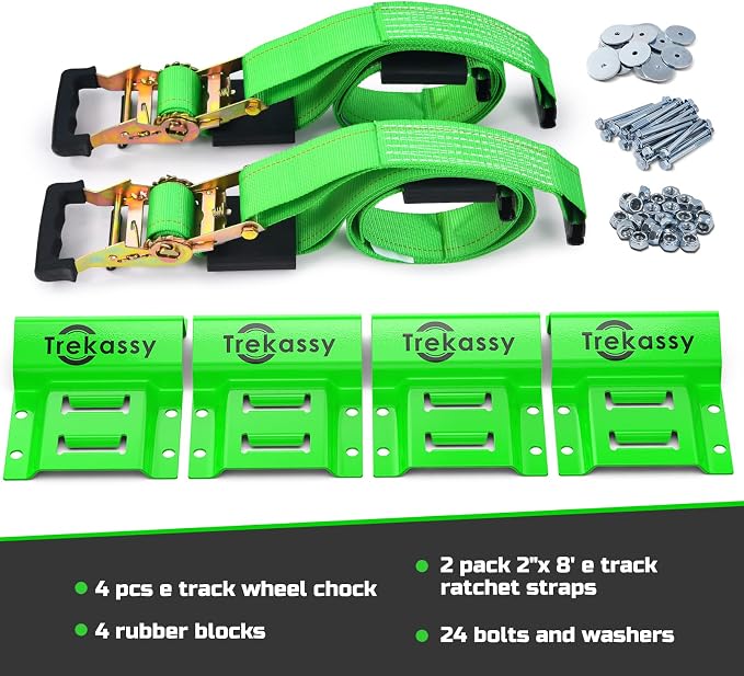 Trekassy Wheel Chock Tie-Down Kit with Rubber Blocks, (4,500lb Break Strength) Heavy Duty E Track Trailer Tire Straps for ATV, UTV, Lawn Mower- 2 Pack