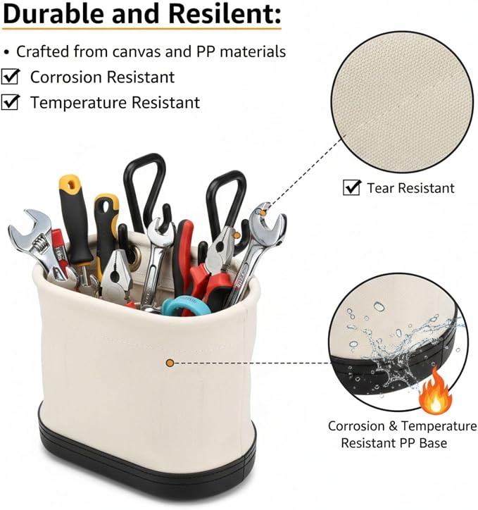 Canvas Bucket Bag with Hooks 15 Pockets Lineman Tool Bag Organizer with Non-Conductive Polypropylene Bottom for Industrial Maintenance Construction Sites
