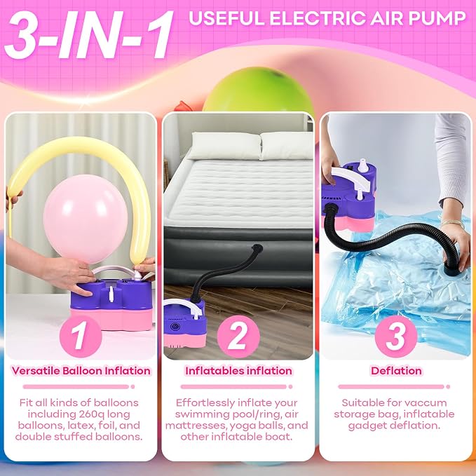 3-in-1 Electric Balloon Pump with Red Blue Green Balloon Arch, 3-in-1 Electric Balloon Pump, Portable Electric Air Pump for All Balloons Inflatables Dual Nozzle Balloon Blower Machine