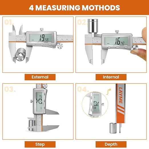 LAYME Digital Caliper, Rechargeable Calipers Measuring Tool with Backlight LCD Screen, Stainless Steel, Auto-Off Micrometer, Inch/MM/Fraction Conversion for Household/3D Printing/Woodworking(8 Inch)