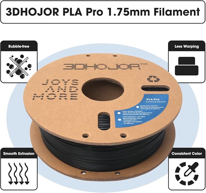 3DHoJor PLA Pro (PLA+) Filament 1.75mm 3D Printing Filament 1kg*4 Bundle Cardboard Spool Dimensional Accuracy +/- 0.03 mm-4 Pack Black