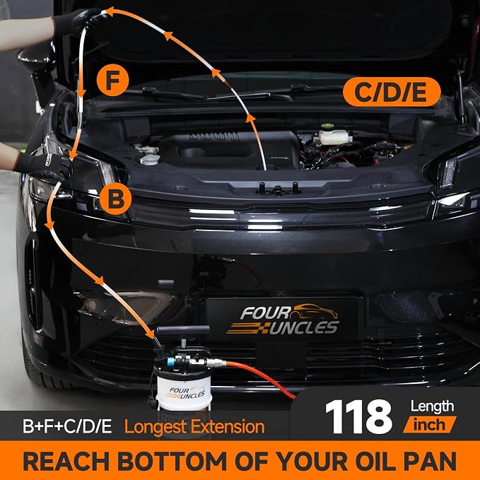 FOUR UNCLES Oil Extractor - Vacumm Fluid Extractor with Pump Tank Remover & Tubes for Oil Change and a Hose for Brake Bleeding