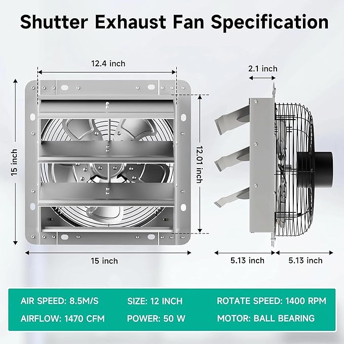 12" Shutter Exhaust Fan - Heavy Duty AC Motor, 1470 CFM Airflow | Industrial AC roller motor fan for 24/7 use. Heavy-duty steel blades. Rust-resistant. Independent power switch. 10-year life.