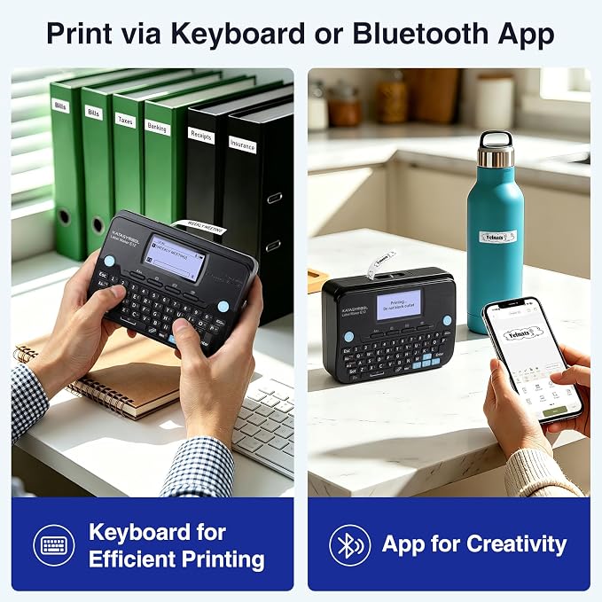 SUPVAN E12 Bluetooth Label Maker Machine with 4 Tapes, Support Keyboard & App with 30+ Fonts and 660+ Icons, Rechargeable Inkless Labeler for Office, Home, Kitchen, School, Organization, Black