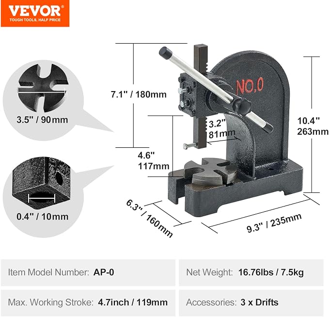 VEVOR Arbor Press, 0.5 Ton Manual Arbor Press, 4.6" Maximum Height, Cast Iron Heavy-Duty Manual Desktop Arbor Press, Precision Hand Press for Stamping, Bending, Stretching, Forming