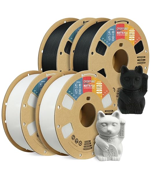 OVERTURE 4KG Bundle Matte PLA, Low Warp & Matte Surface 3D Printer Filament | Frosted Matt Finish Hides Layer Lines, 4 Pack 1kg Spool (2.2lbs) Cardboard Spool (Matte Black*2+Matte White*2)