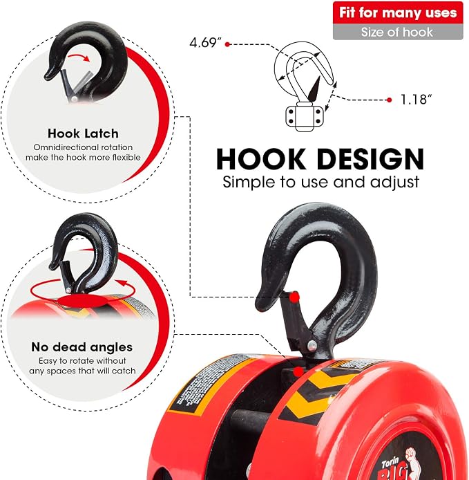 BIG RED TR9050 Torin Manual Hand Lift Steel Chain Block Hoist with 2 Hooks, 5 Ton (10,000 lb) Capacity, Red