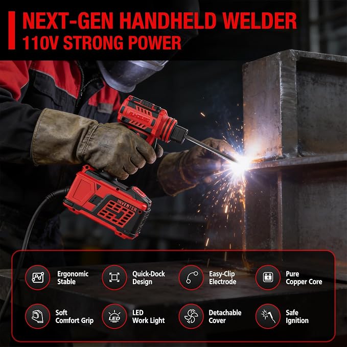 Portable Welding Machine 110V AUHOBJEQ – Fast Plug & Play Cable Storage, Low-Center Gravity Grip, LED Light & Digital Display for Precision, Lightweight Handheld Arc Welder