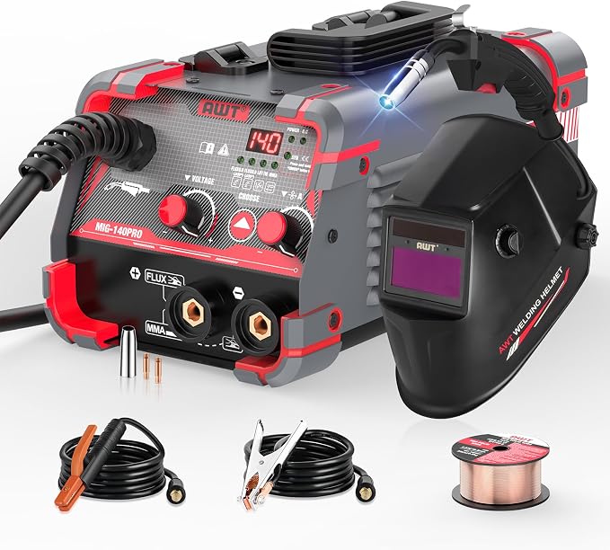 AWT 140Amp MIG Welder Flux Core MIG Welder/Stick/Lift TIG 3 in 1 Welding Machine, Welder Machine 110V-Synergy IGBT Inverter, Portable Gasless Welder Equipment with Welding Helmet