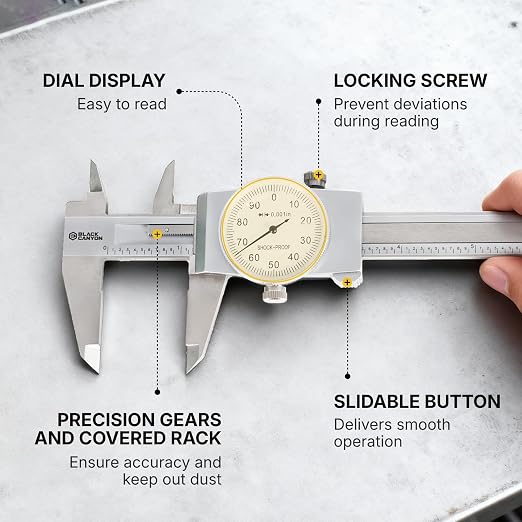BLACK CANYON 6" Dial Caliper, 6 Inches Measurement, Caliper Measuring Tool, 0.001 inch fine Graduation, 4-Way Measurements, Hardened 4R13 Stainless Steel, Ideal for DIY/Household