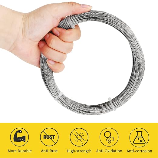 1/16 Wire Rope, 100FT 304 Stainless Steel Cable with 50Pcs Crimp Sleeves, Aircraft Grade, 7x7 Strand, 368lbs Breaking Strength, for Garden Trellis, Clothesline, Railing,Trellis
