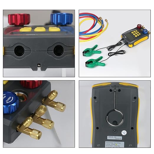 Digital HVAC Manifold Gauge Set,Refrigeration AC Gauges with Thermometer Clamps & Tricolor Hose, Dual Temp & Pressure Sensors for Vacuum & Leak Test,R134a R410a R32 R1234 Refrigerant Recharge Kit