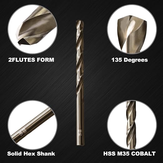 1/4 inch Cobalt Drill Bit for Metal and Hard Steel(10pcs), M35 High Speed Steel Twist Jobber Metal Drill Bits,with Index Storage Case