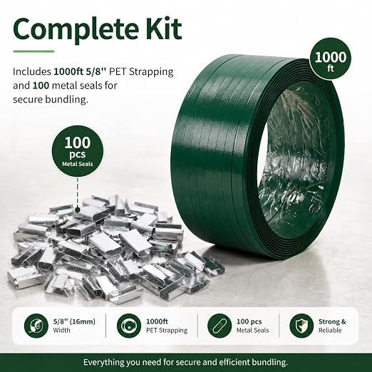 Pallet Packaging Banding Strapping Kit with 1000ft 5/8'' Polyester (PET) Strapping and 100Pc Metal Seals