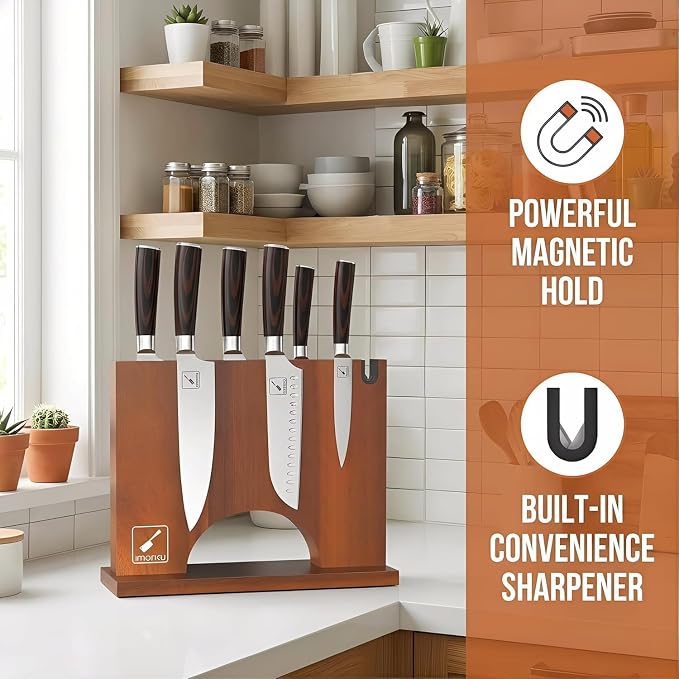 Imarku Magnetic Knife Block with Built-in Handle, Double Sided Acacia Wood Magnetic Knife Holder for Kitchen Counter, Magnetic Knife Storage Stand with Knife Sharpener, Easy to Clean & Move