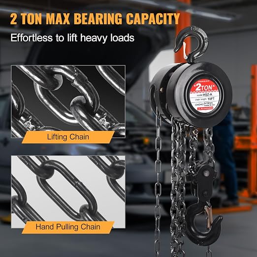 Hand Chain Hoist, 2 Ton/4400 lbs Capacity, Heavy Duty Steel Chain Fall Hoist with 10 Ft Lifting Height, Manual Chain Block Hoist with 2 Chain Hooks for Lifting in Transport & Workshop