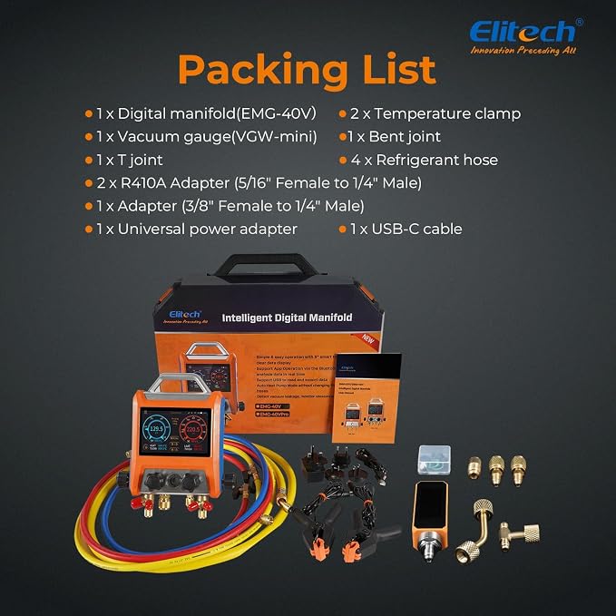 Elitech Digital 4 Valve Manifold Gauge HVAC with Refrigerant Hoses, Vacuum Micron Gauge, Thermometer Clamps, OTA Upgrade, Wireless APP Control, EMG-40VPro