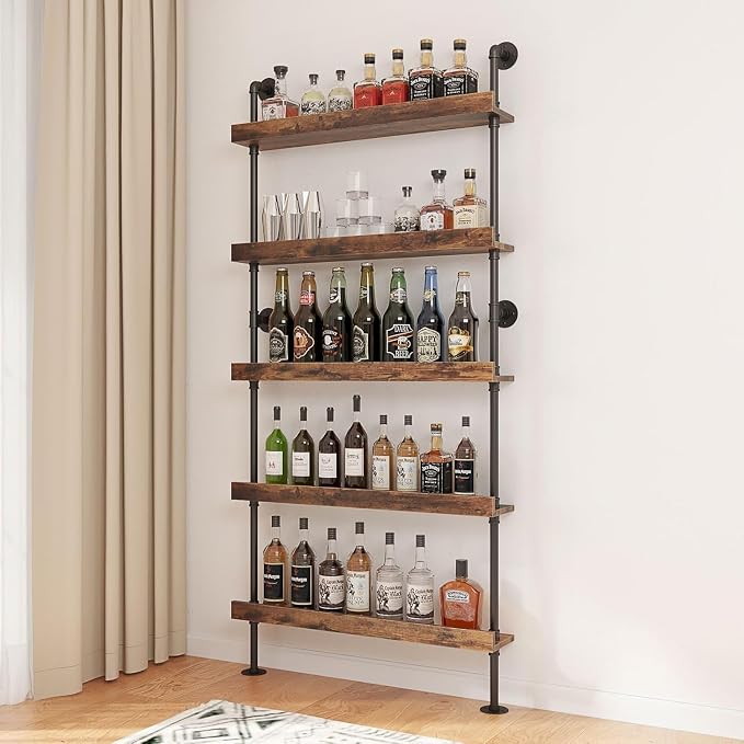 5-Tier Wall Mounted Wine Rack, Industrial Pipe Bar Shelf for Wine Bottle Storage, Industrial Pipe Shelves Shelf Shelving for Home Bar Dining Room Kitchen (39.4" W x 79" H)