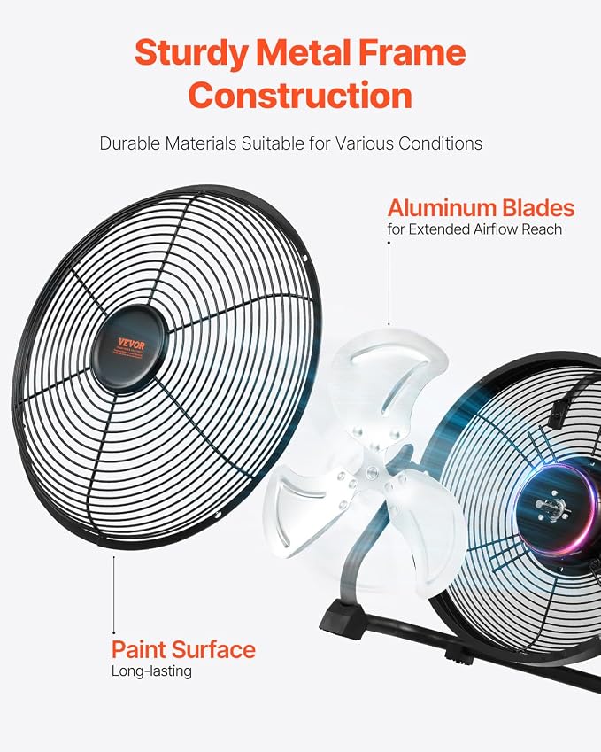 VEVOR 10 inch Rechargeable Battery Operated Camping Floor, High Velocity Portable Outdoor Fan with Metal Frame, Copper Brushless Motor, 360-degree Manual Rotation,for Fishing,Traveling, Picnicking