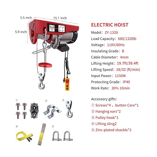 Electric Hoist, 1320 lbs 110V Electric Winch with 14 ft Wired Remote Control, 40 ft Single Cable Lifting Height, Single/Double Slings, Lift Hoist for Garage Warehouse Factory